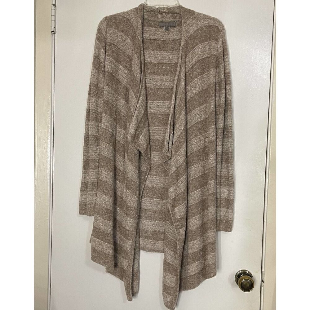 Barefoot dreams tan beige cozy chic light island stripe cardigan size Small/med